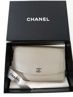 CHANEL Champagne Metallic Chevron Crossbody Bag with Chain